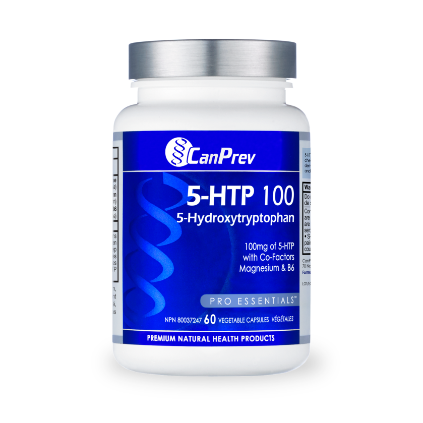 CanPrev 5-HTP 100 supplement bottle with 100 mg 5-HTP per capsule, featuring magnesium and vitamin B6, containing 60 vegetable capsules for fitness and wellness support.