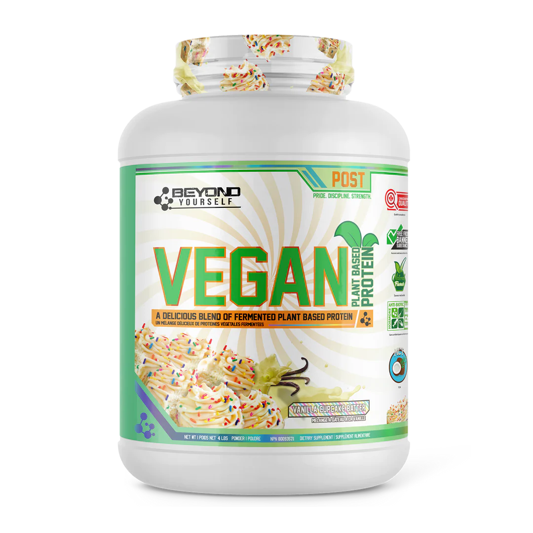 Beyond Yourself Vegan 4lb protein container, featuring non-GMO plant-based ingredients and a complete amino acid profile, offering superior taste and quality for fitness enthusiasts.
