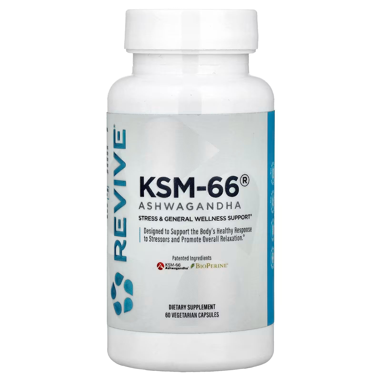 ReVive KSM-66 Ashwagandha bottle promoting stress support and relaxation, containing 60 vegetarian capsules with patented KSM-66® Ashwagandha and BioPerine® for enhanced wellness.