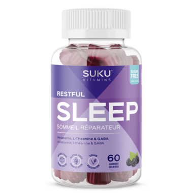 SUKU Restful Sleep bottle featuring 60 blackberry hibiscus gummies, designed to enhance sleep with melatonin, l-theanine, and GABA, supporting fitness enthusiasts' recovery.