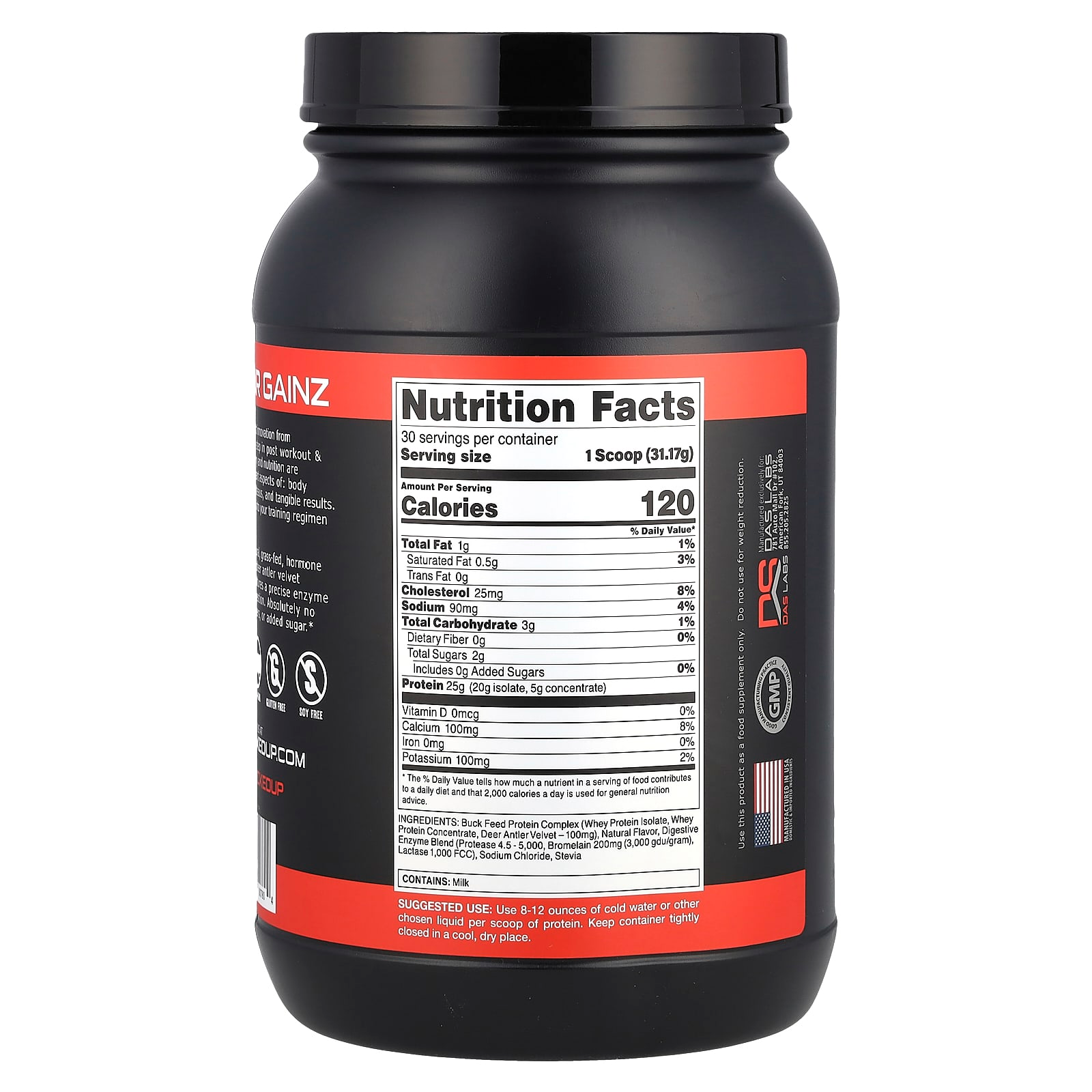 Bucked Up Buck Feed Protein in a black container with a red label, highlighting its grass-fed, hormone-free, and all-natural protein content.