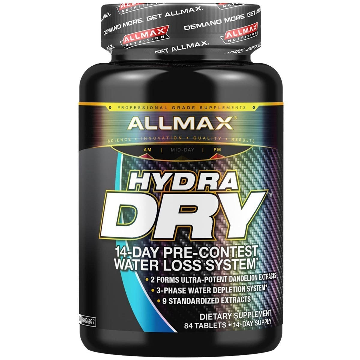 Allmax Hydra Dry 14-Day Supply, a black bottle with white text and a colorful label, designed for fitness enthusiasts seeking effective hydration management.