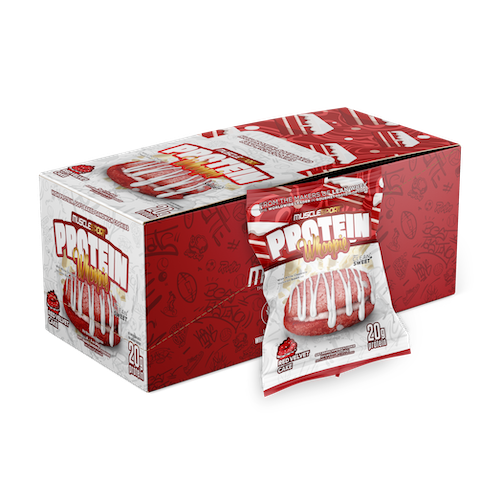MuscleSport Protein Whoopies Red Velvet Cake flavor, featuring a retail box and single-serving pouch, offers 20g protein in a whoopie-pie style with white icing drizzle.