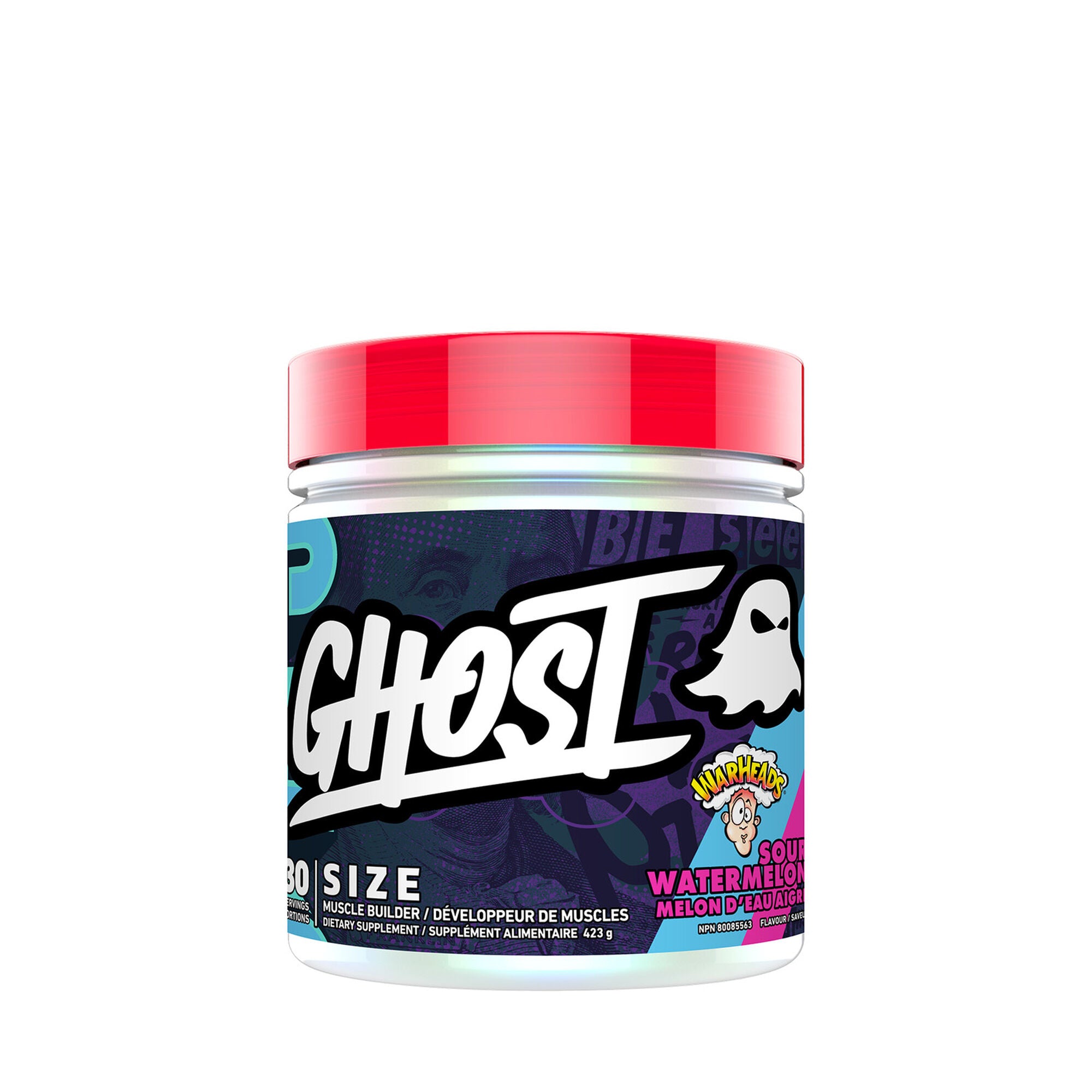 GHOST Size supplement in a white plastic container with a red lid, designed for fitness enthusiasts seeking to enhance their training with high-quality nutrition.