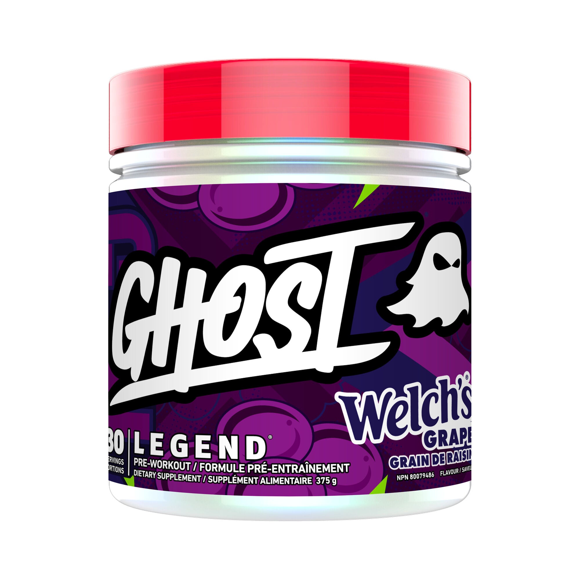 GHOST Legend V3 60 Serv pre-workout container with red lid, featuring a vibrant logo; designed for energy and focus enhancement.