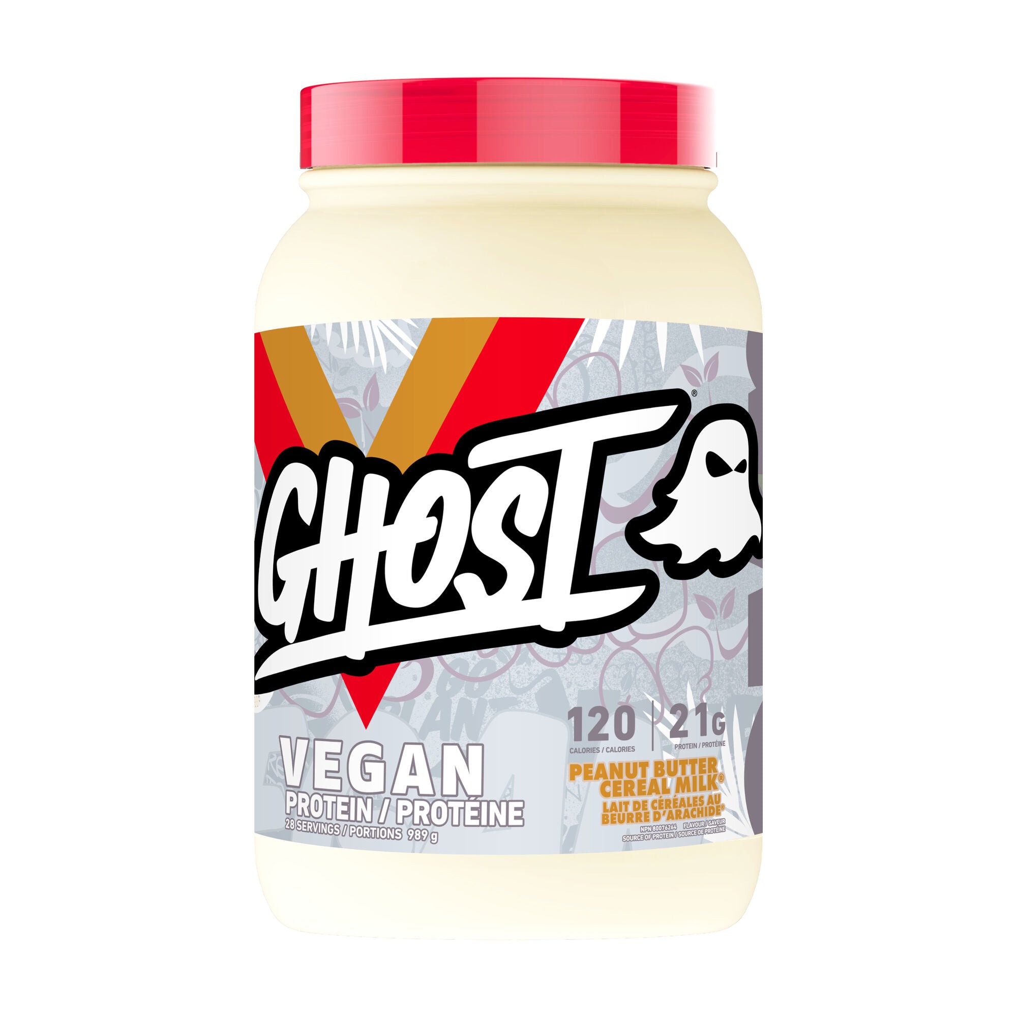 GHOST Vegan Protein jar with a red lid and label, containing 21g protein per serving from pea, pumpkin, and watermelon seed proteins.
