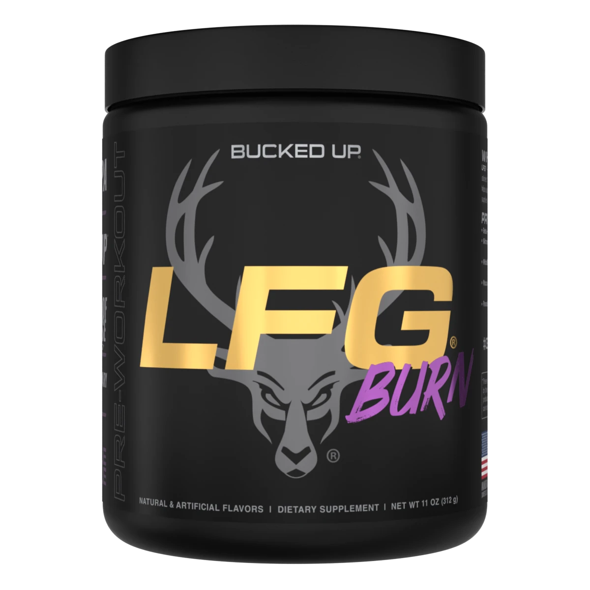 Bucked Up LFG Burn Thermogenic Pre-Workout container with gold text and a deer head logo, designed to optimize fat loss and enhance workout performance.