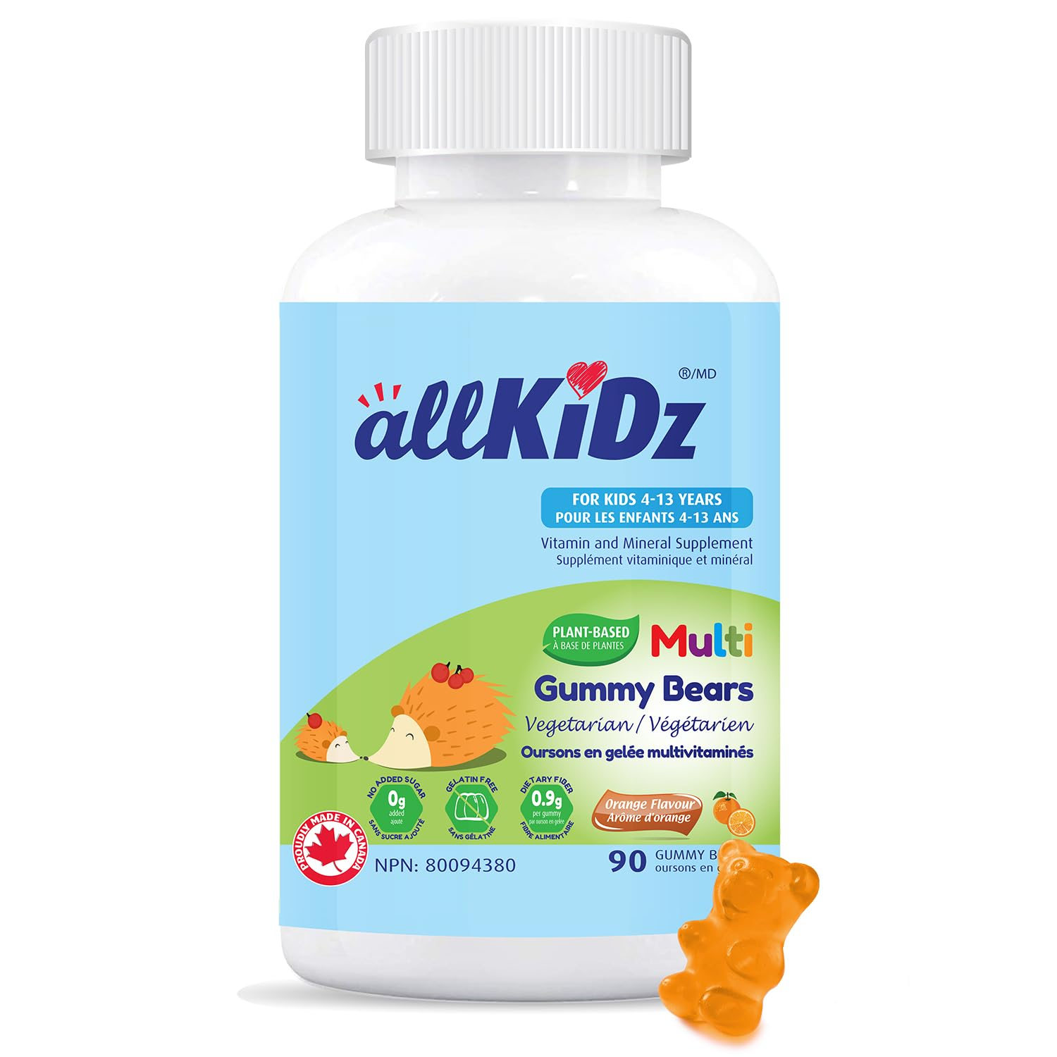 AllKidz Plant-Based Multi Gummy Bears Vegetarian 90 Gummy in a white bottle, featuring a cartoon hedgehog and red maple leaf logo, promoting nutritious, sugar-free gummies.