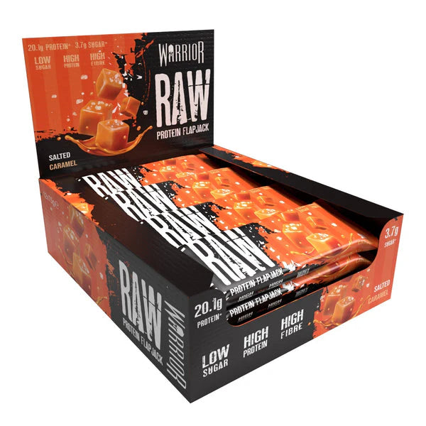 Warrior RAW Bar Salted Caramel protein flapjacks display, highlighting 20.1g protein, 3.7g sugar, high fiber, ideal for fitness-focused, guilt-free snacking.