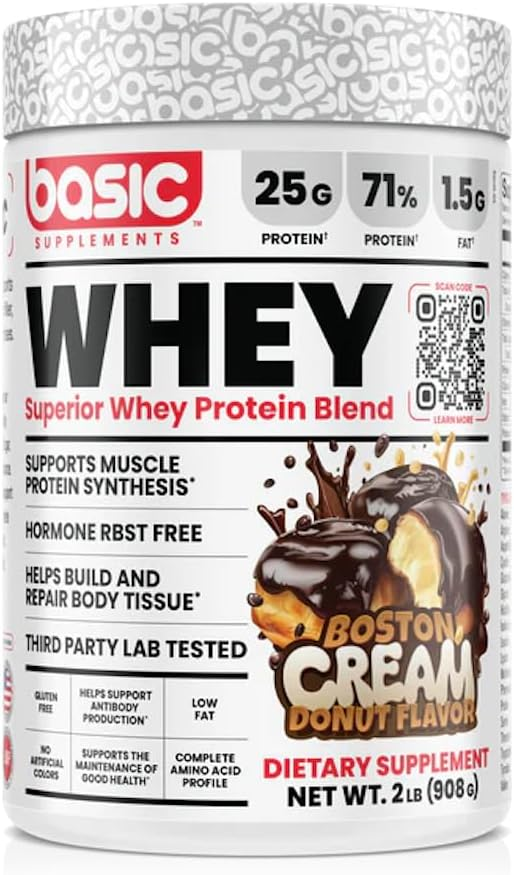 Basic Supplements Whey 2lb can with black text and chocolate dessert label, offering high-protein blend for easy digestion and complete amino acid profile.