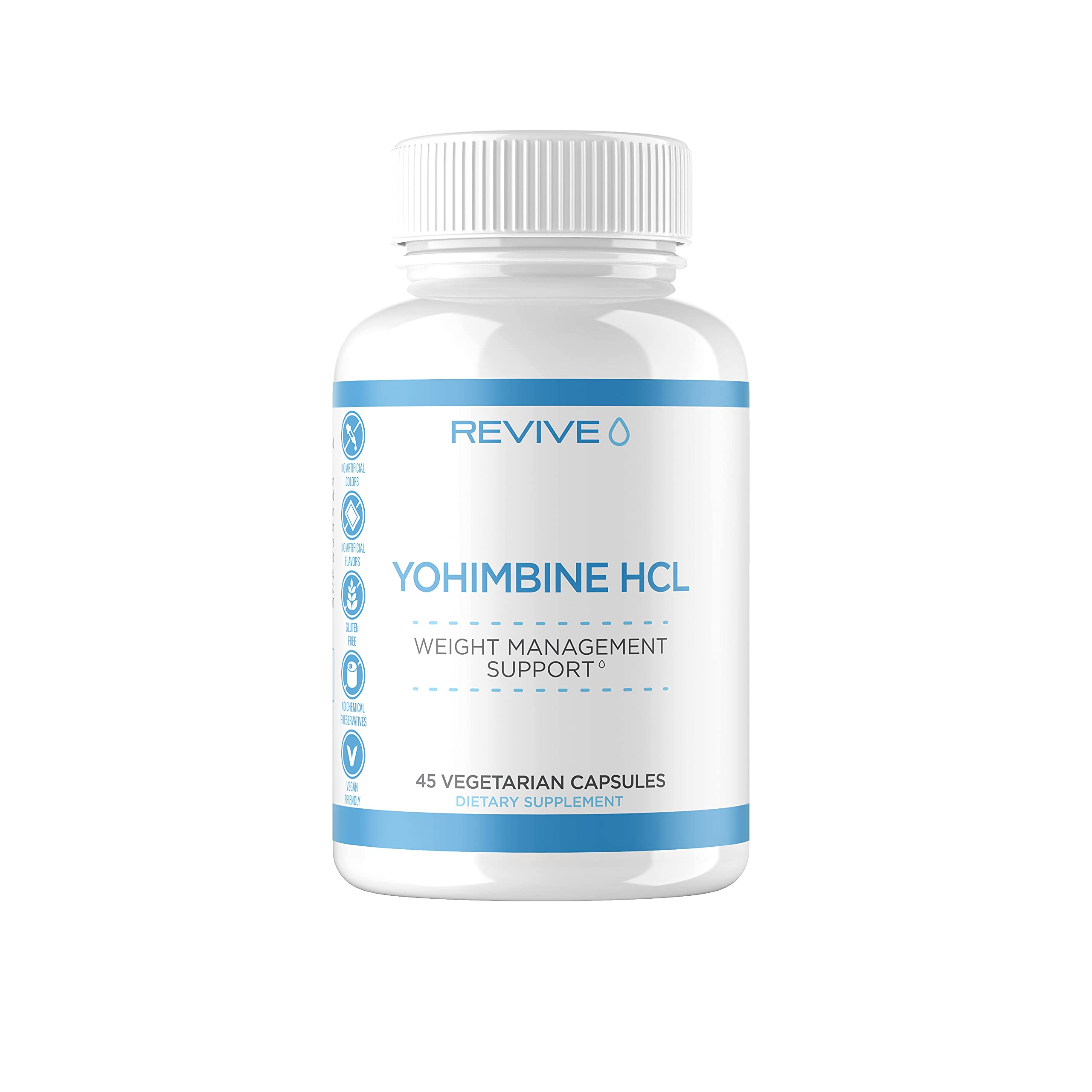 Revive MD Yohimbine HCL in a white bottle with a blue label, showcasing its role in enhancing blood flow for fitness enthusiasts.