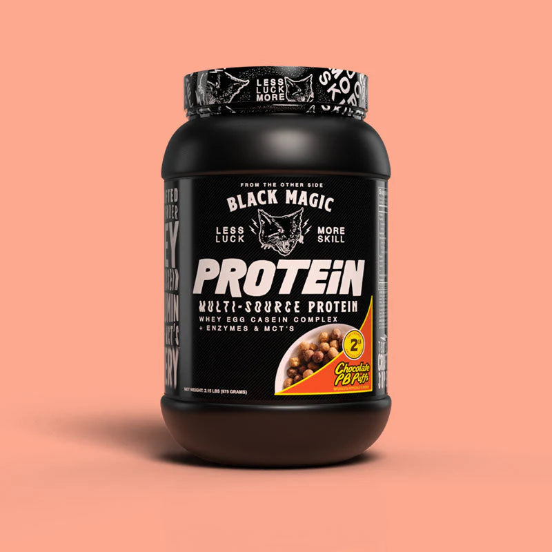 Black Magic Multi Source Protein in a sleek black jar with white text on a black label, ideal for fitness enthusiasts seeking high-quality supplements.