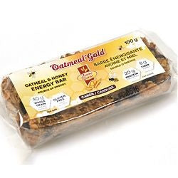 Oatmeal Gold Bar package displaying 20g protein, 8g fiber, gluten-free, and 40g whole grain benefits, designed for fitness enthusiasts seeking high-quality nutrition.