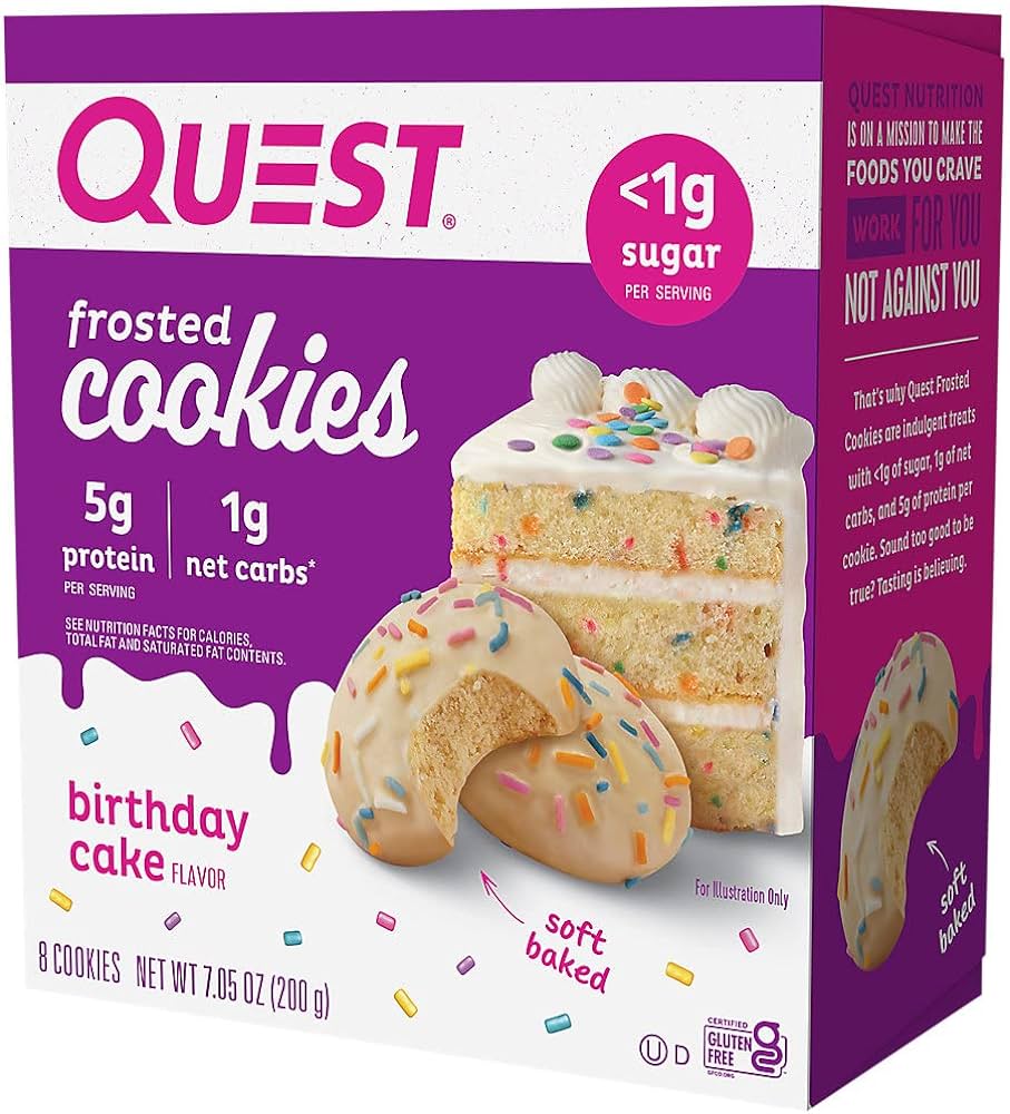 Quest Frosted Cookie, a soft baked treat with frosting and sprinkles, offering 5g protein, <1g sugar, perfect for fitness enthusiasts seeking a delicious, low-sugar snack.