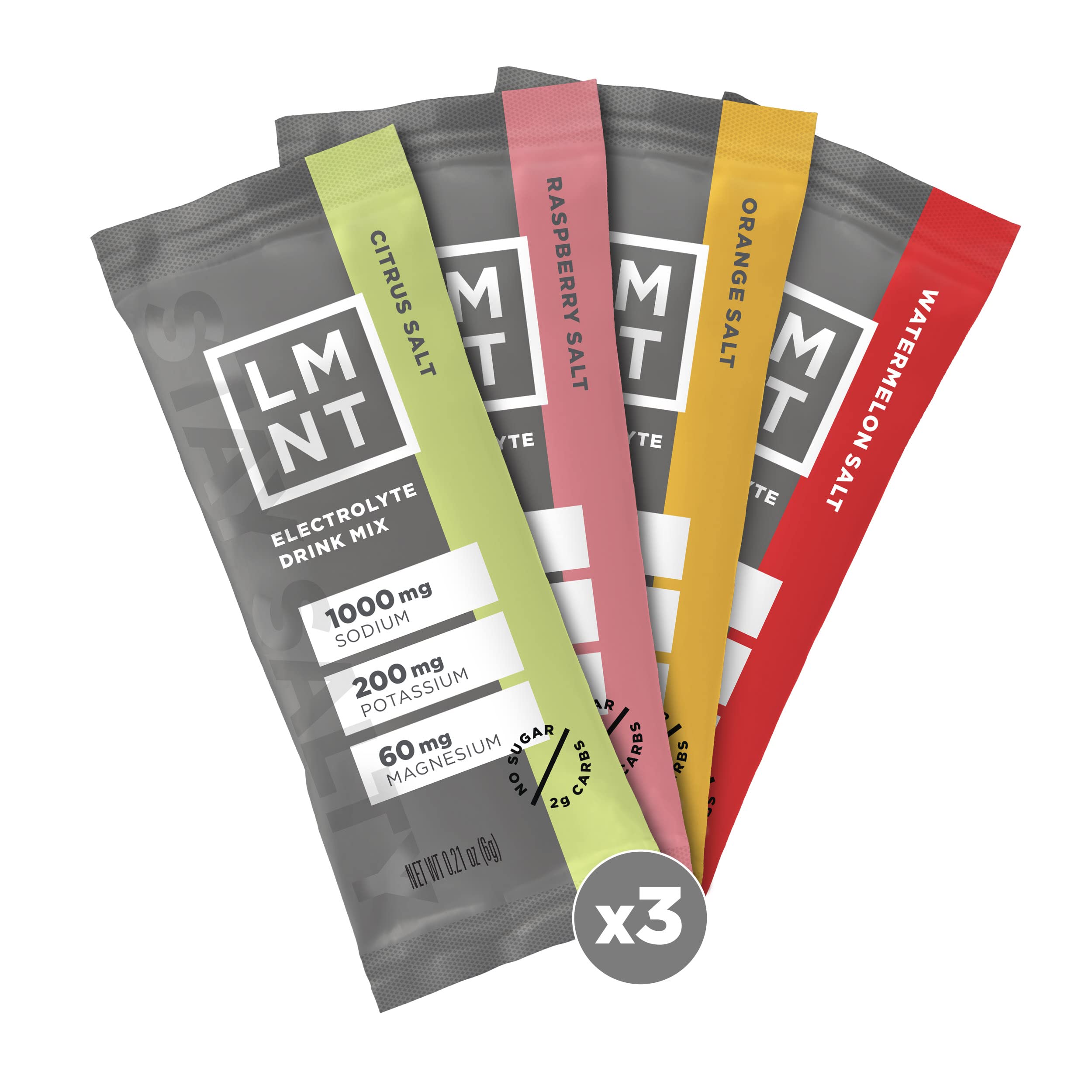 LMNT Electrolytes single-serve packets in four flavors, highlighting 1,000mg sodium, 200mg potassium, 60mg magnesium, no sugar, 2g carbs, three-pack bundle for hydration support.