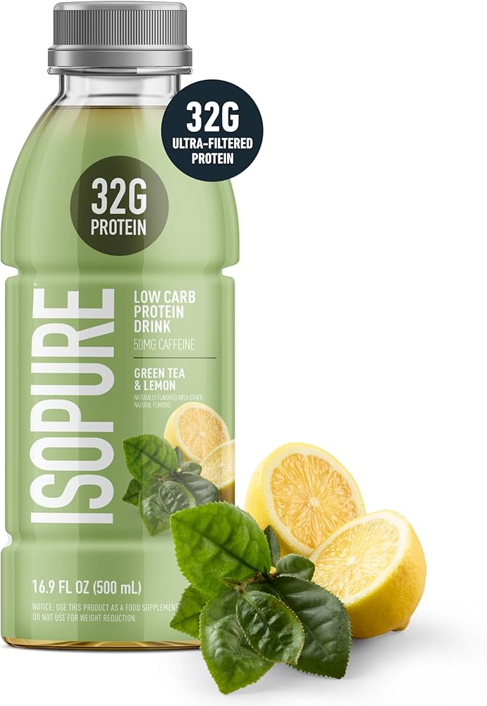 Isopure Clear Protein RTD, 16.9 fl oz, Green Tea & Lemon flavor, offers 32g protein and 50mg caffeine, with lemons and tea leaves illustrating its refreshing taste.