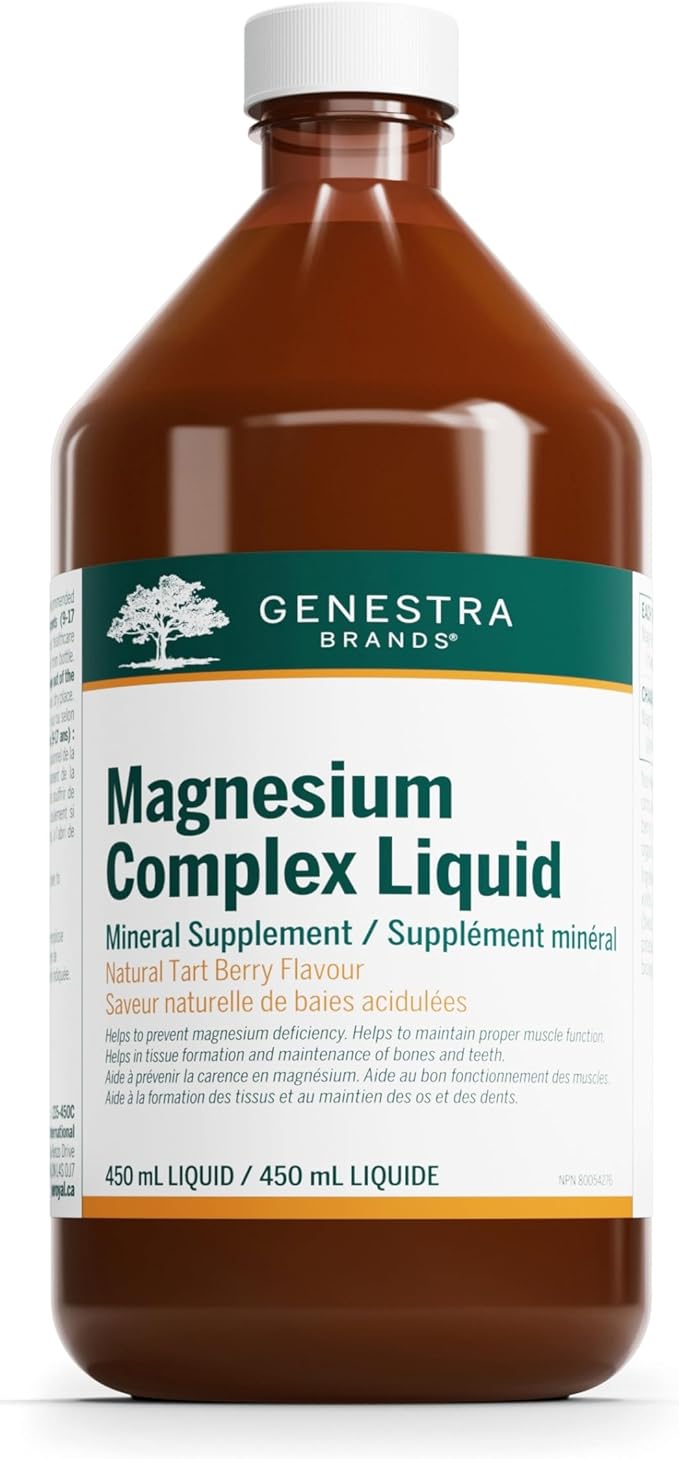 Genestra Magnesium Complex Liquid bottle, labeled for supporting metabolism, bone health, and muscle function; features magnesium glycinate, citrate, malate; dairy-free, gluten-free, vegan.