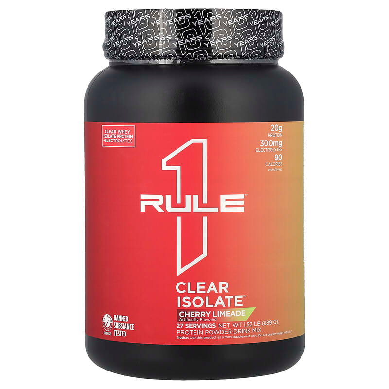 Rule 1 Clear Isolate 2lb container with a label, highlighting its whey protein isolates and electrolytes, designed for easy consumption.
