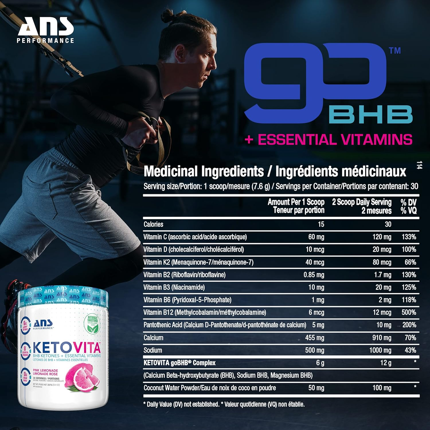 ANS Performance Ketovita BHB Ketones + Essential Daily Vitamins in Pink Lemonade flavor, featuring nutrition panel and fit athlete doing suspension training in a gym.