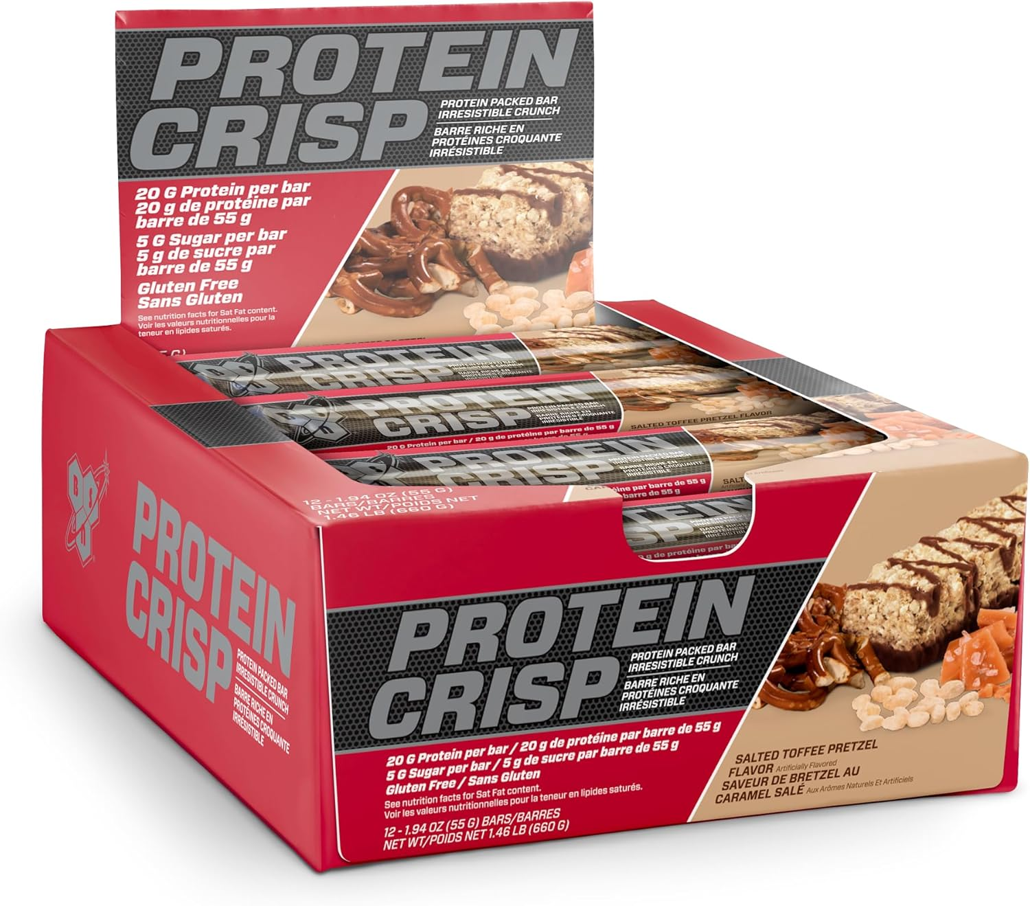 BSN Protein Crisp Box of 12 featuring crispy texture bars with 20g protein each, gluten-free, low sugar, ideal for fitness-focused nutrition.