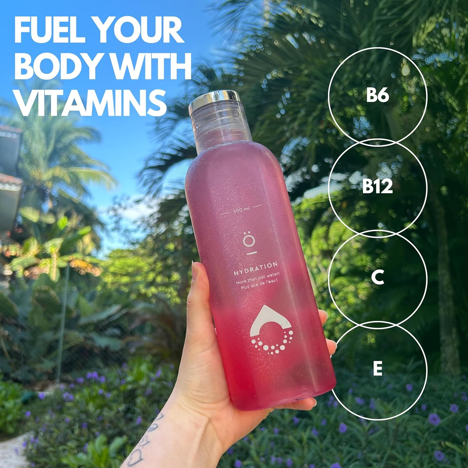 Ö Hydration Vitamized Powder 100g in reusable bottle, held in garden, highlighting vitamin-rich, sugar-free hydration with vitamins B6, B12, C, and E.