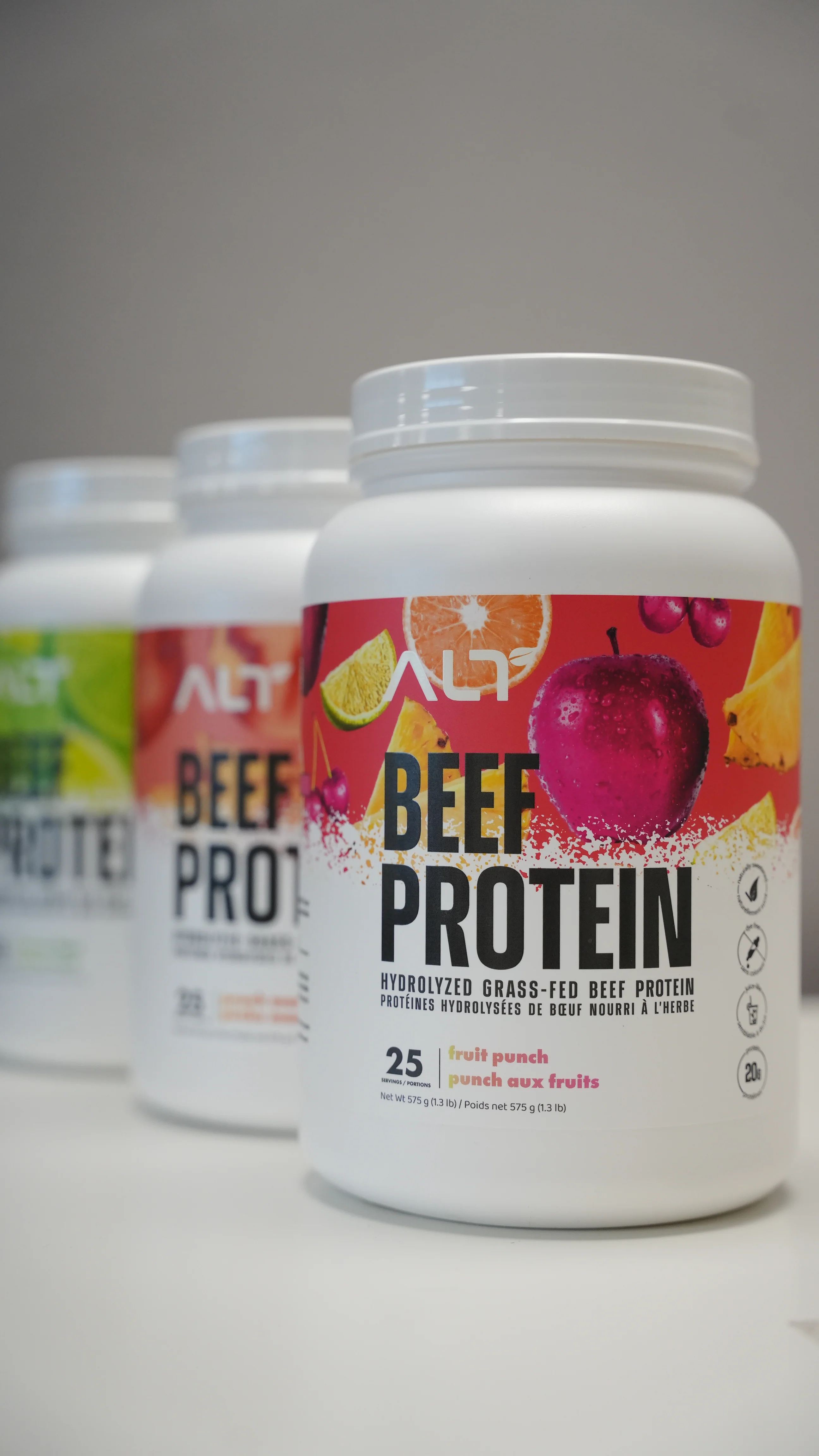 ALT Beef Protein 25 Serv, a tub of hydrolyzed grass-fed beef protein isolate, naturally flavored and sweetened with monk fruit, perfect for fitness enthusiasts seeking dairy-free supplementation.