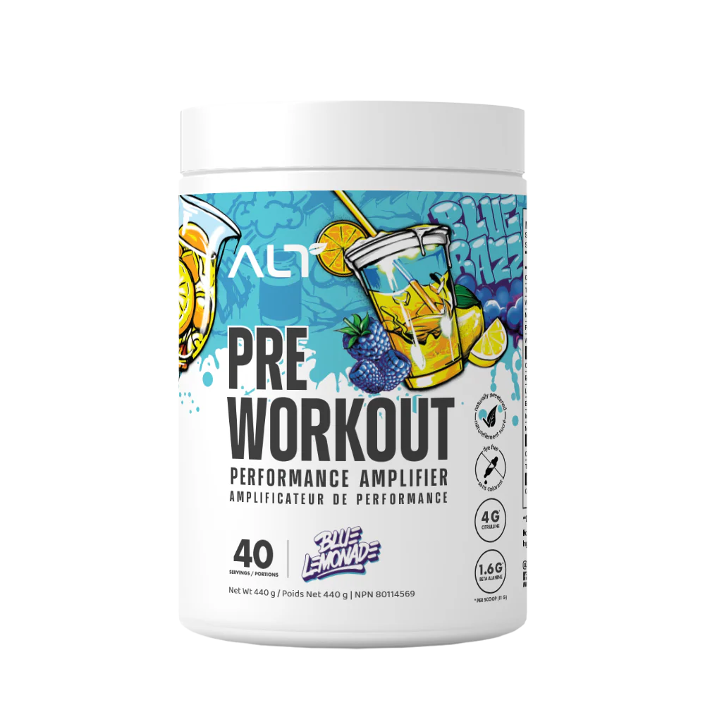 ALT Pre-Workout supplement in Blue Lemonade flavor, 440g tub, featuring 4g citrulline, 1.6g beta-alanine per scoop, dye-free, naturally sweetened.