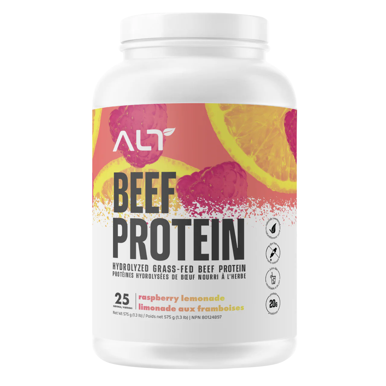 ALT Beef Protein 25 Serv tub, featuring grass-fed hydrolyzed beef protein isolate, naturally flavored and sweetened, perfect for non-dairy protein supplementation.