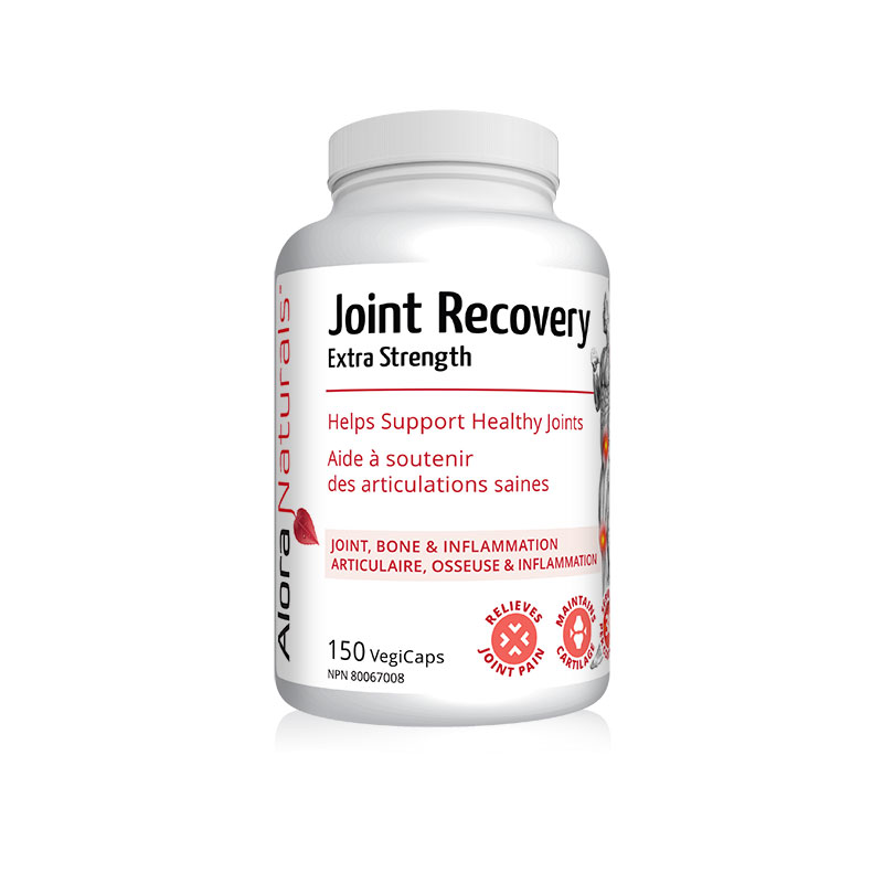Alora Naturals Joint Recovery 150cap bottle with a red label, offering pain relief and joint support, ideal for fitness enthusiasts seeking enhanced recovery.