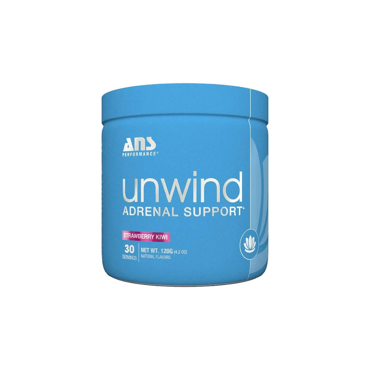 Unwind ANS Performance blue container with white text, featuring adrenal support formula ingredients like KSM-66® Ashwagandha, designed to reduce stress and boost energy.