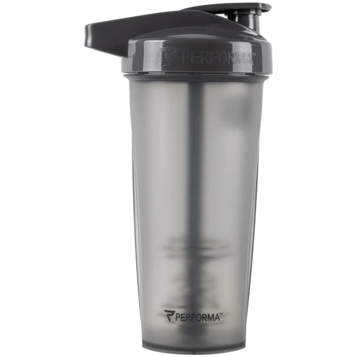 Performa Activ Shaker 828ml with flip-up spout and internal whisk, ideal for mixing protein shakes and supplements, branded with PERFORMA on lid and body.
