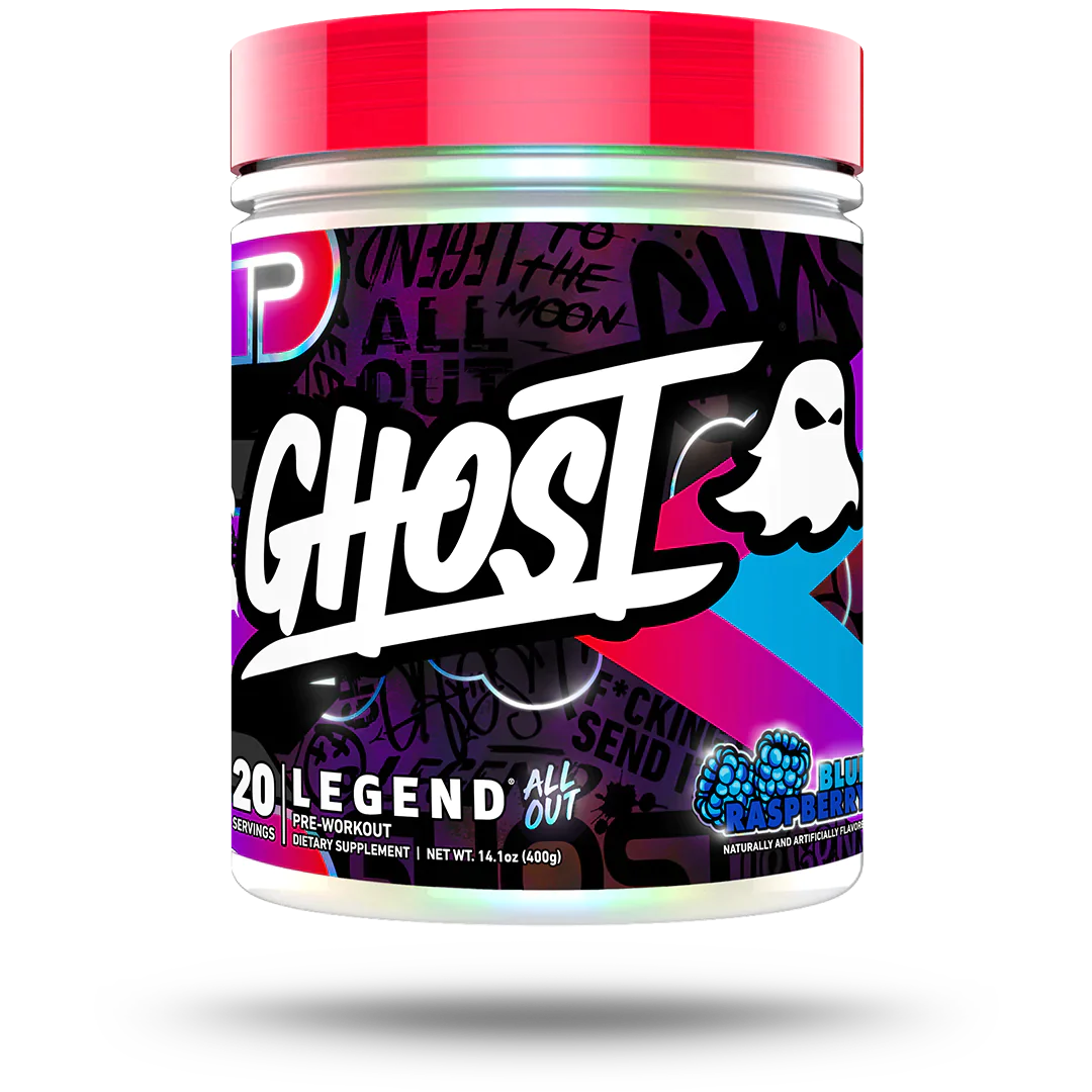 GHOST LEGEND® ALL OUT 40 Serving pre-workout supplement in a plastic container with a red lid, designed to enhance intense workouts and focus.