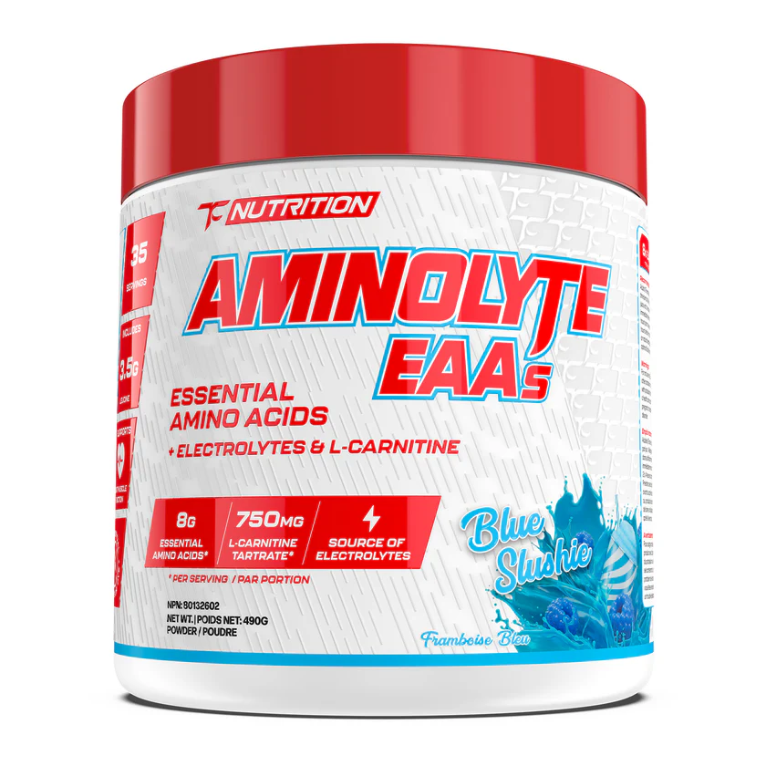TC Nutrition Aminolyte EAA 35 Serv container with a red lid, emphasizing essential amino acids for muscle recovery, hydration, and fat metabolism support.