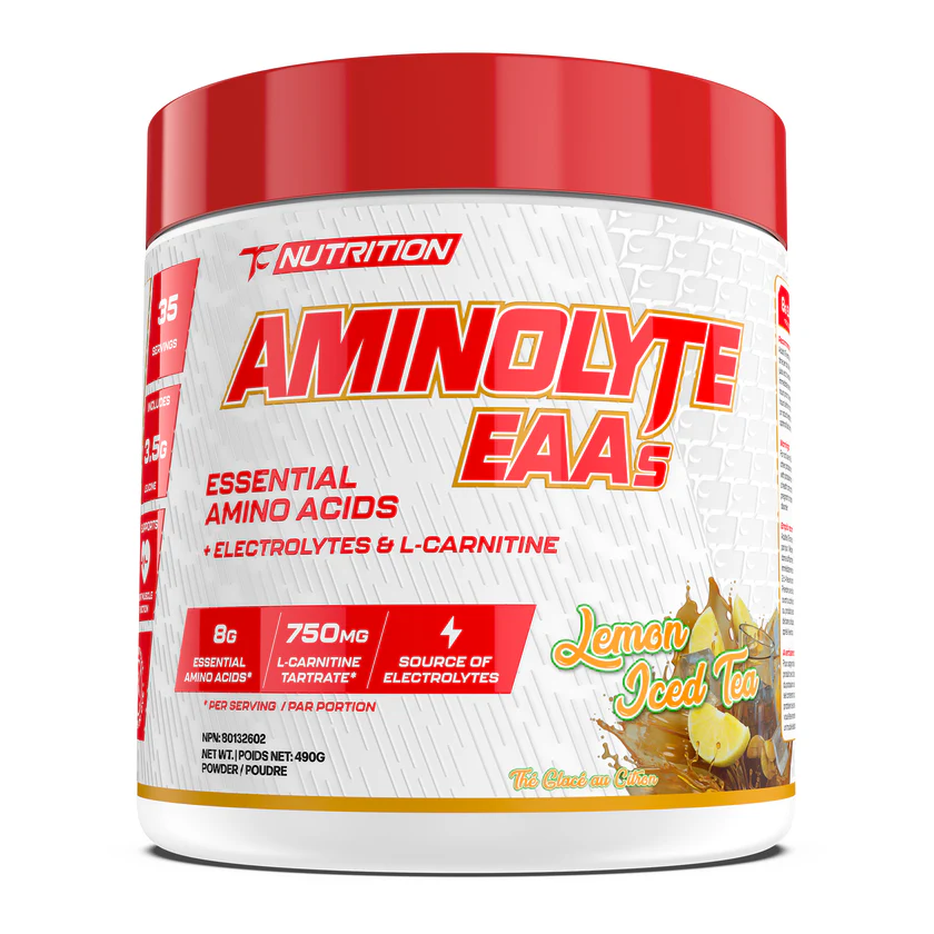 TC Nutrition Aminolyte EAA 35 Serv, a white plastic container with a red lid, features essential amino acids for muscle recovery and electrolytes for hydration.