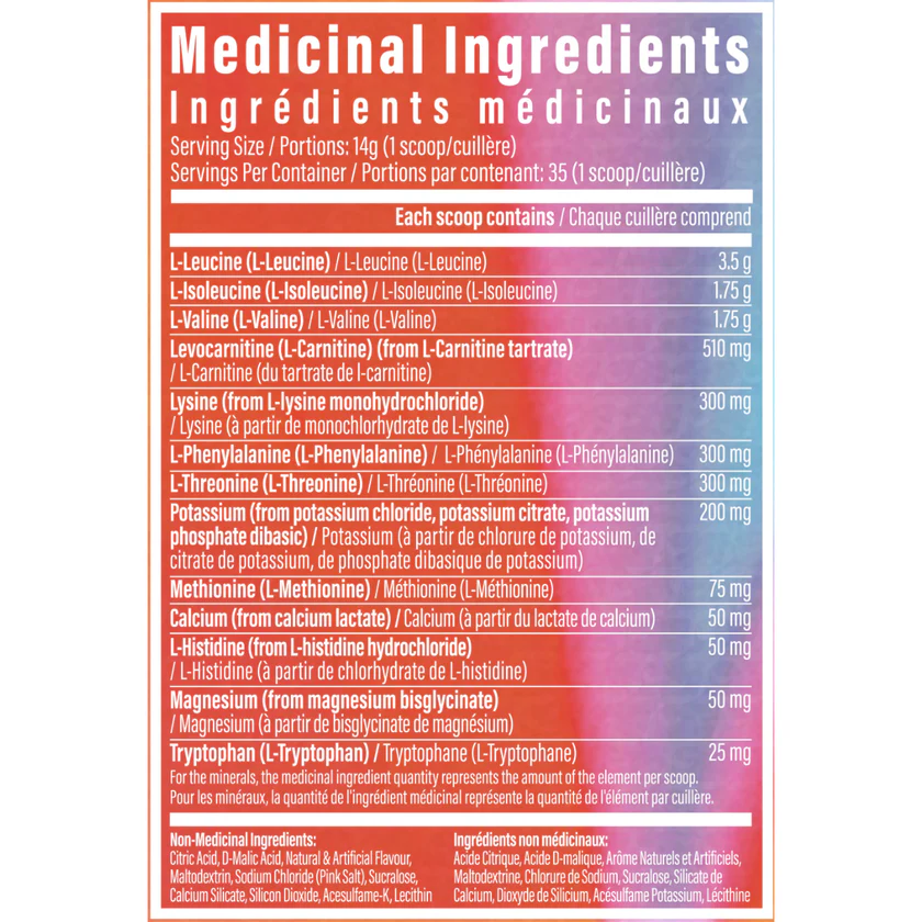 TC Nutrition Aminolyte EAA 35 Serv label showcasing essential amino acids, electrolytes, and L-Carnitine tartrate for muscle recovery and performance enhancement.