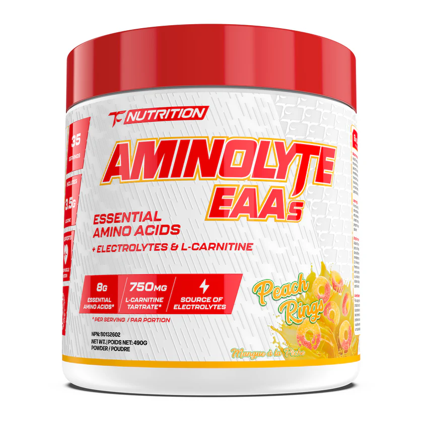 TC Nutrition Aminolyte EAA 35 Serv in a white container with a red lid, essential for muscle recovery and hydration with electrolytes and L-Carnitine tartrate.