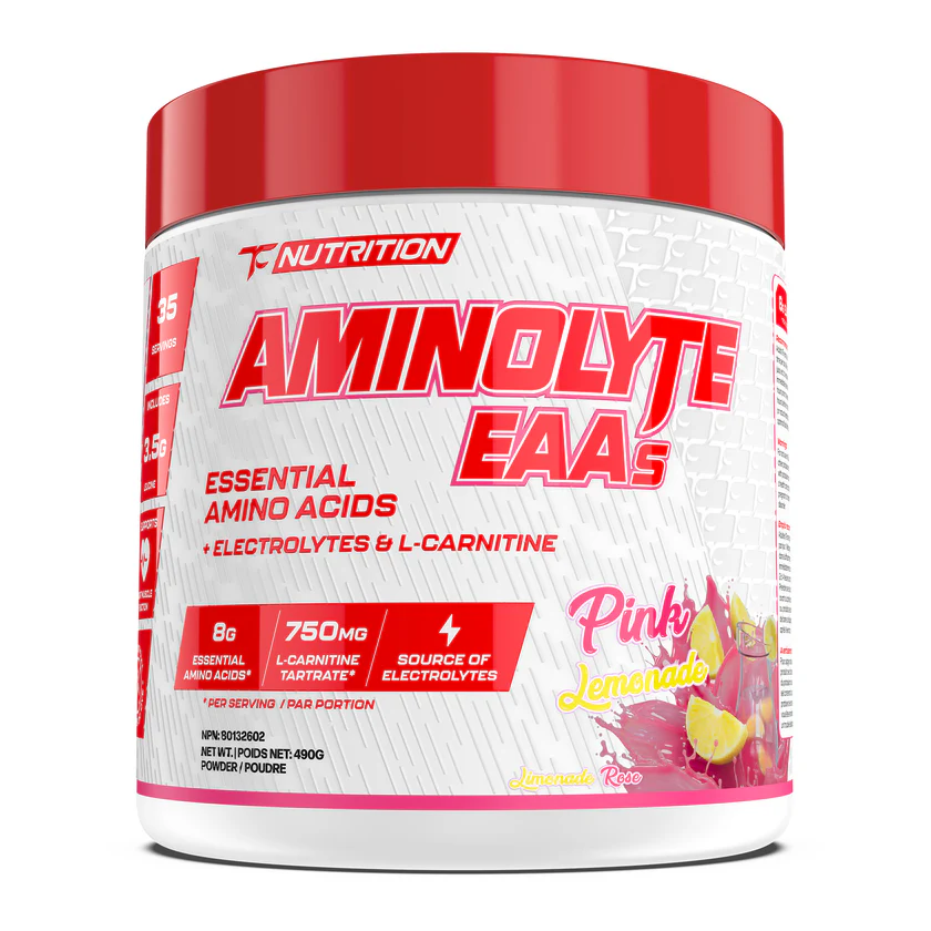 TC Nutrition Aminolyte EAA 35 Serv in a white container with a red lid, featuring a vibrant label highlighting essential amino acids and electrolytes for workout recovery.