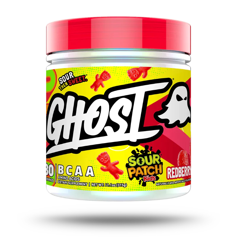 GHOST BCAA V2 30 serv in a white container with a yellow label and red lid, ideal for enhancing performance with 7g of vegan fermented BCAAs per serving.