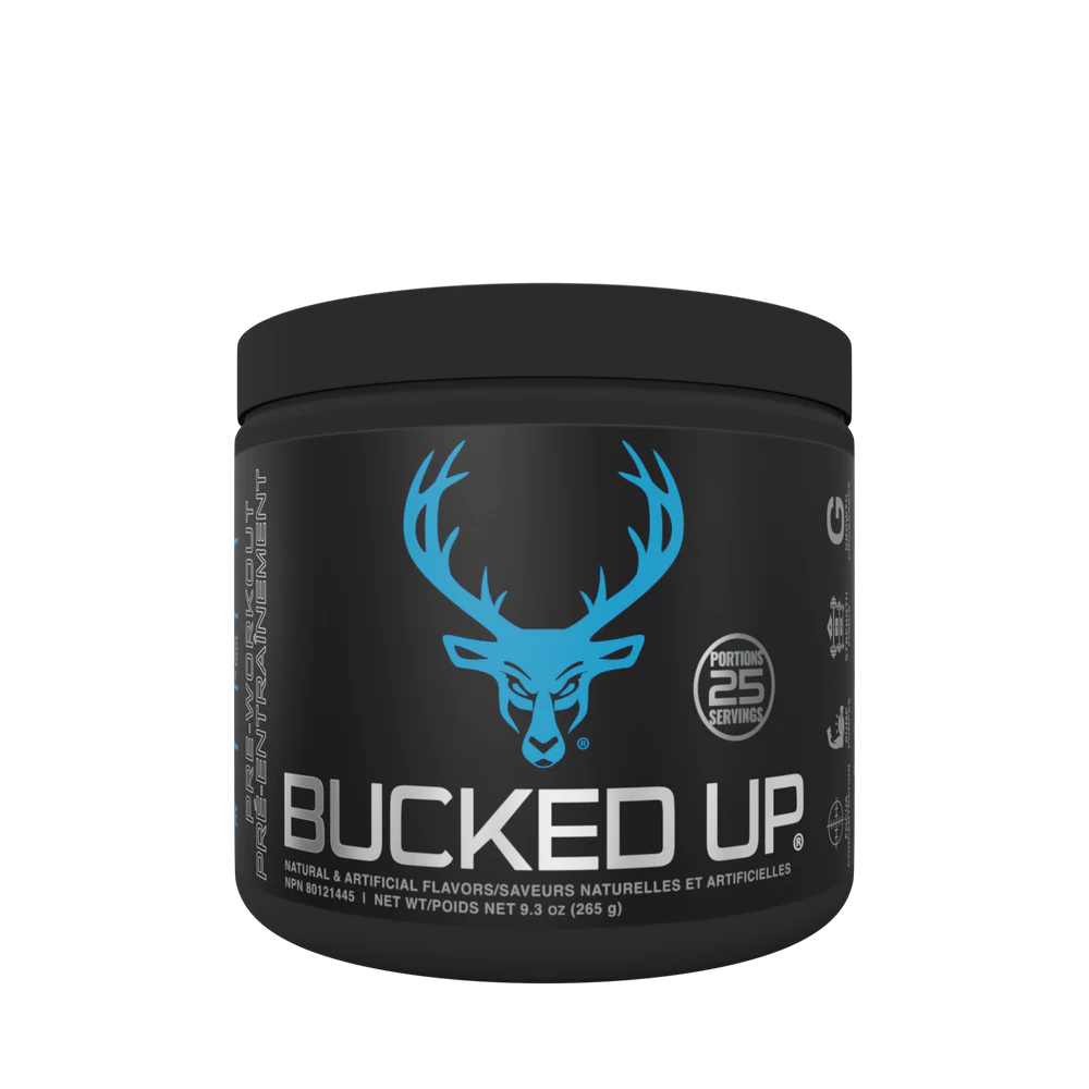 Bucked Up Pre Workout in a black container with a white and blue label featuring a blue deer head logo, designed for enhanced energy and focus.