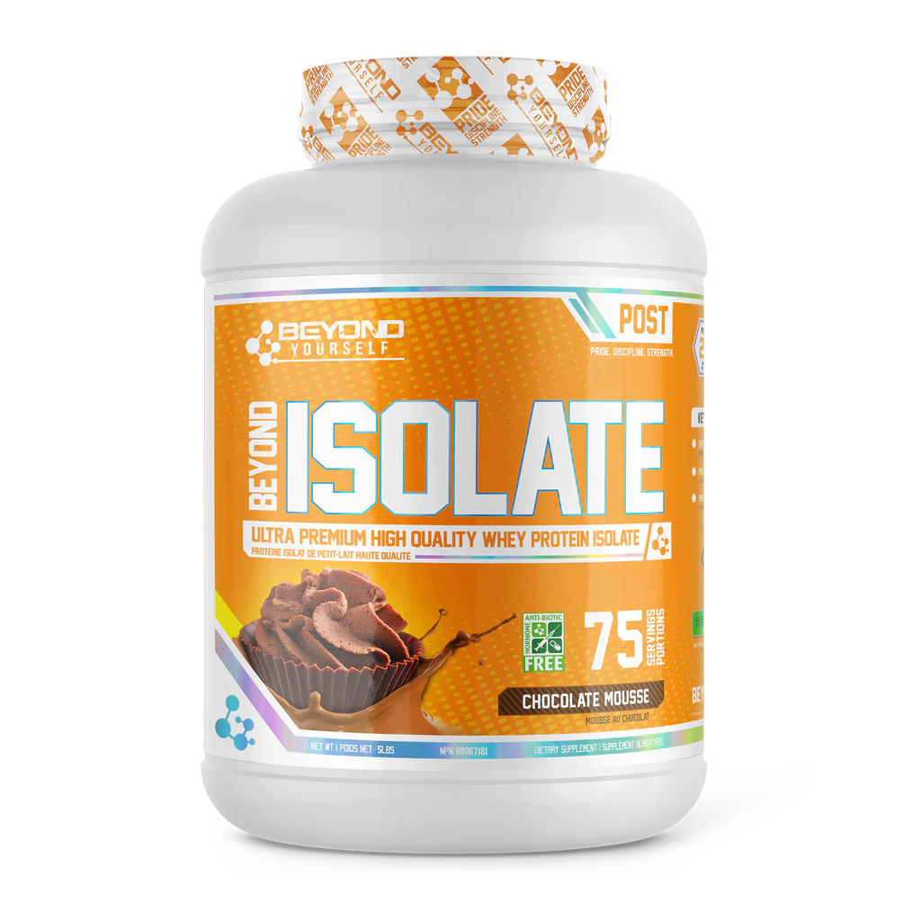 Beyond Yourself Isolate 5lb, a white plastic container with an orange label, offers premium whey protein for optimal recovery and muscle growth, ideal for fitness enthusiasts.