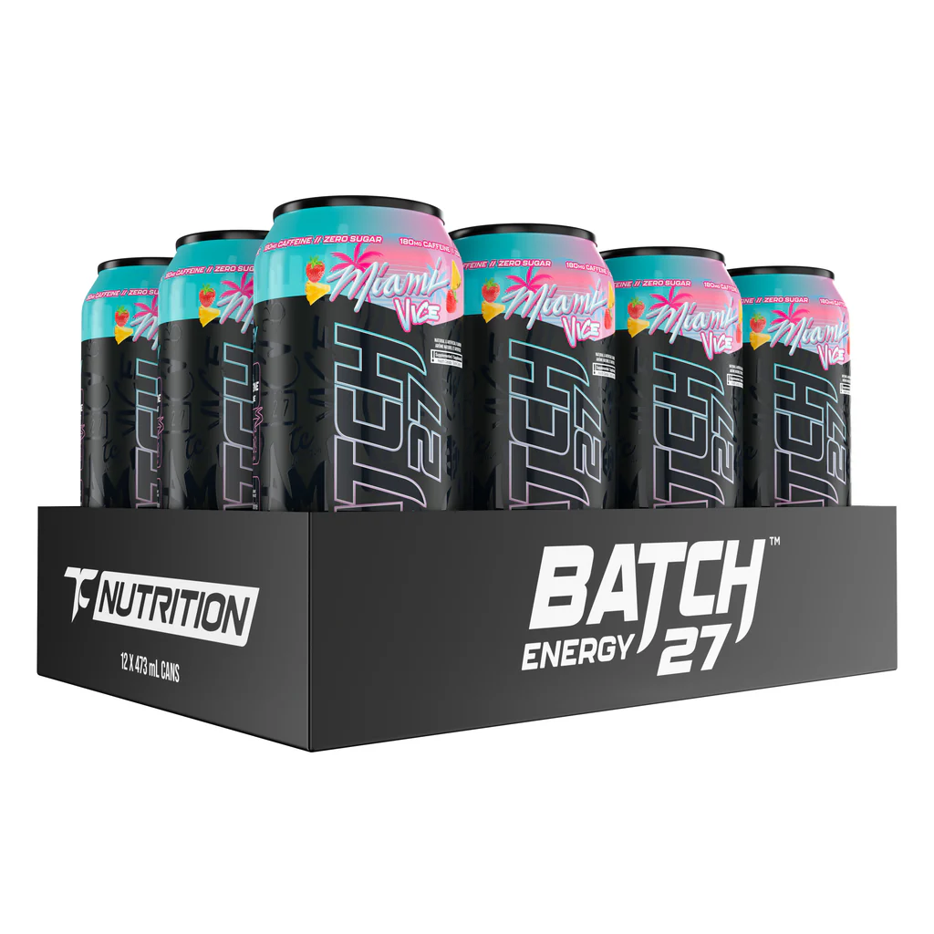 Batch 27 Energy Drink 12-pack, Miami Vice flavor, features zero sugar, 180mg caffeine, 1000mg taurine, and essential vitamins, branded by TC Nutrition.