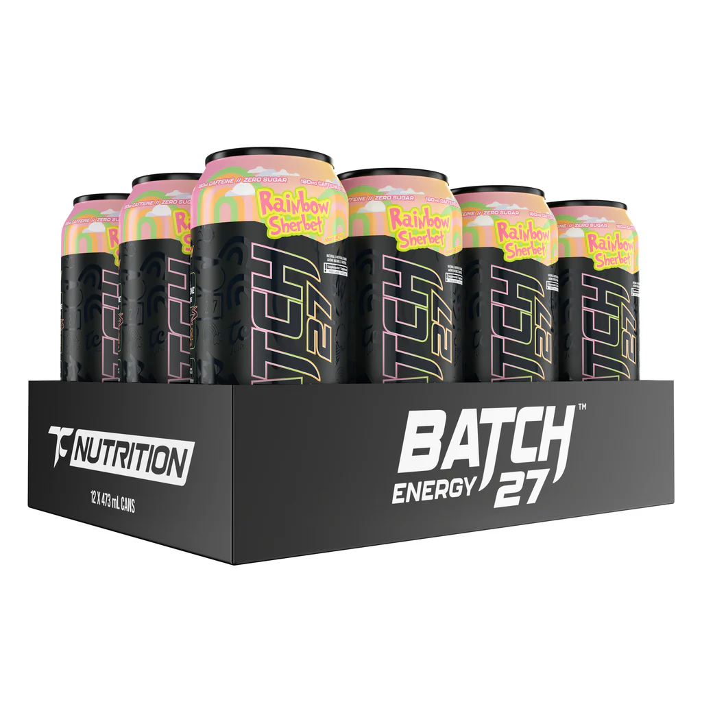 Batch 27 Energy Drink 12-pack in Rainbow Sherbet, featuring zero sugar, 180mg caffeine, and vitamins, in a branded tray from Sector 6 Supplements.