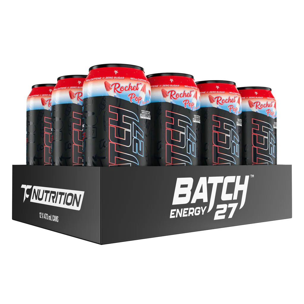 Batch 27 Energy Drink 12-pack in Rocket Pop flavor, featuring 473 mL cans with zero sugar, 180mg caffeine, 1000mg taurine, and vitamins B6 and B12.