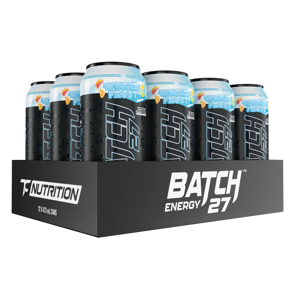 Batch 27 Energy Drink 12-pack, Winter Frost flavor, 473 mL cans, boasts zero sugar, 180mg caffeine, and essential B vitamins for fitness enthusiasts.