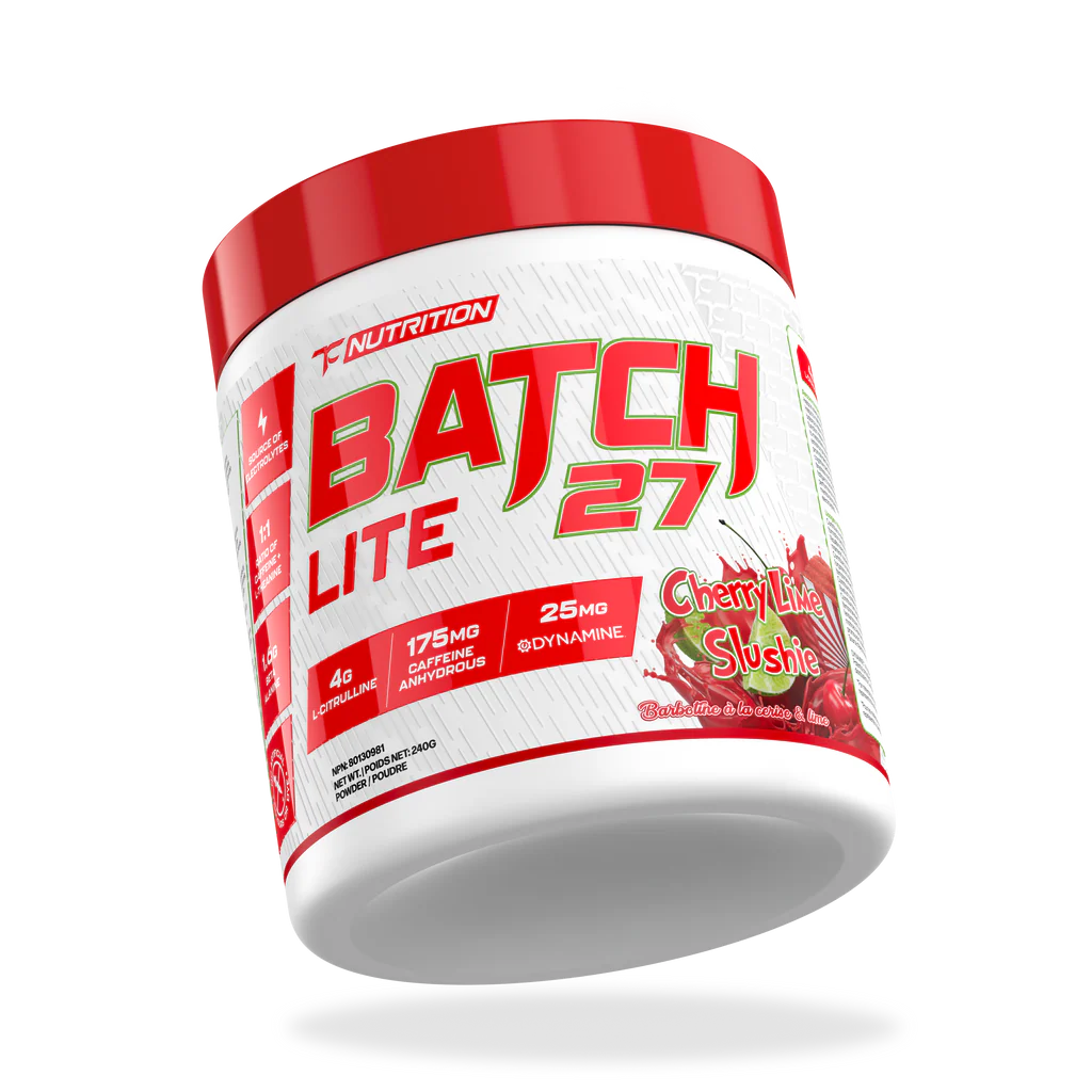 TC Nutrition Batch 27 LITE pre-workout, Cherry Lime Slushie flavor, offers muscle pumps and energy with 4g L-citrulline, 175mg caffeine, 25mg Dynamine.