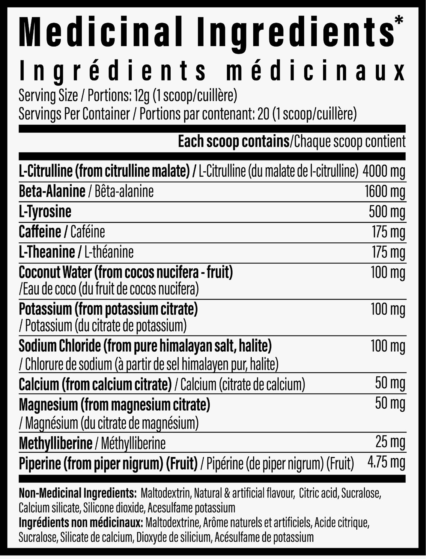 TC Nutrition Batch 27 LITE “Medicinal Ingredients” panel detailing the pre workout supplement's contents, serving size, and benefits like enhanced energy and muscle support.
