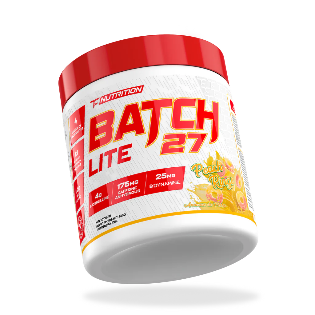 TC Nutrition Batch 27 LITE Peach Rings pre-workout tub, highlighting 4g L-Citrulline, 175mg caffeine, 25mg Dynamine per serving for enhanced energy and muscle performance.
