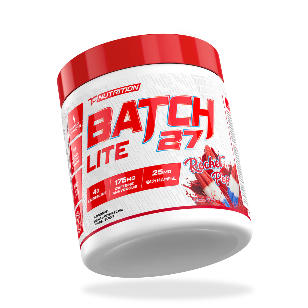 TC Nutrition Batch 27 LITE pre-workout tub in Rocket Pop flavor, highlighting 4g L-citrulline, 175mg caffeine, and 25mg Dynamine™ for energy and performance.