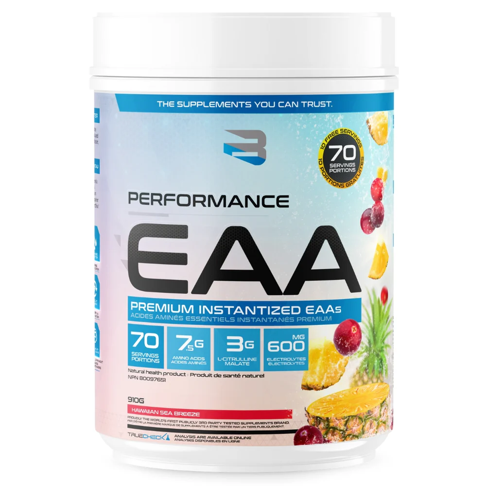 Believe Performance EAA 70 serving container with label, featuring essential amino acids for muscle growth, preservation, and recovery.