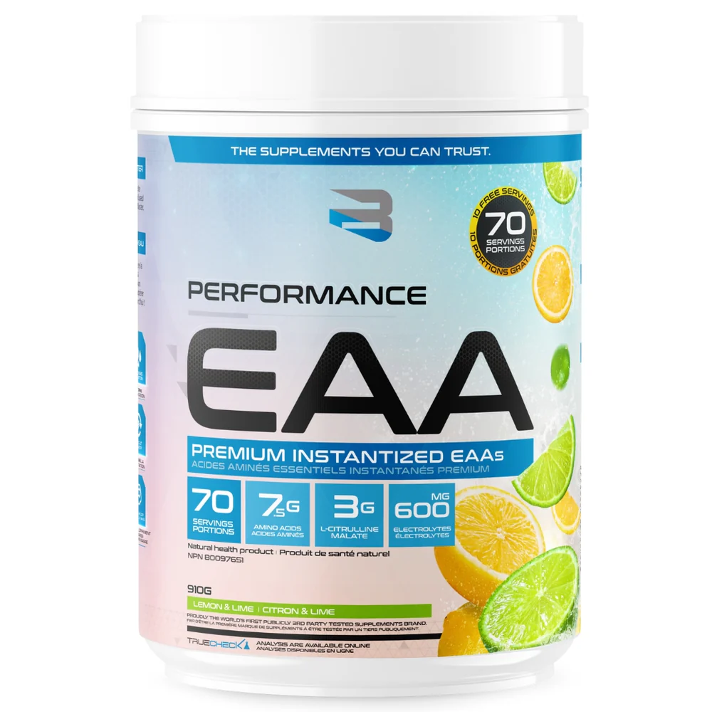 Believe Performance EAA 70 serving in a white container with blue text and fruit illustration, emphasizing essential amino acids for muscle growth and recovery.